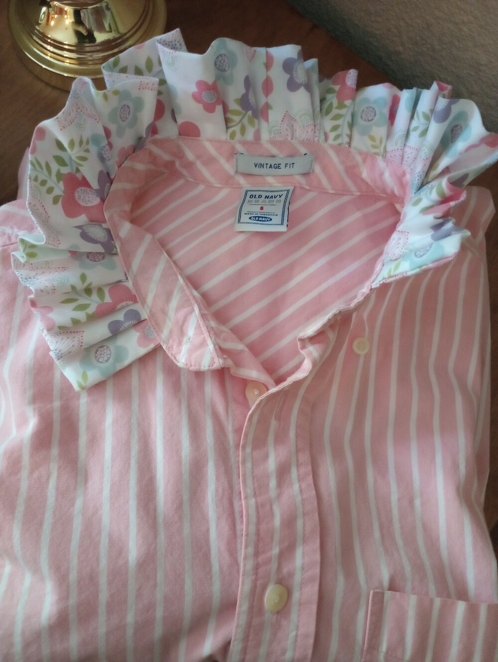 Old Navy Pink and White Striped Button-Up with Floral Ruffle Collar